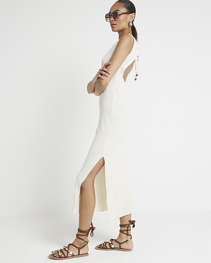 Cream crochet open back bodycon midi dress