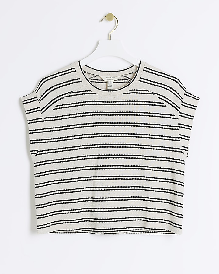 Cream crochet stripe roll sleeve t-shirt