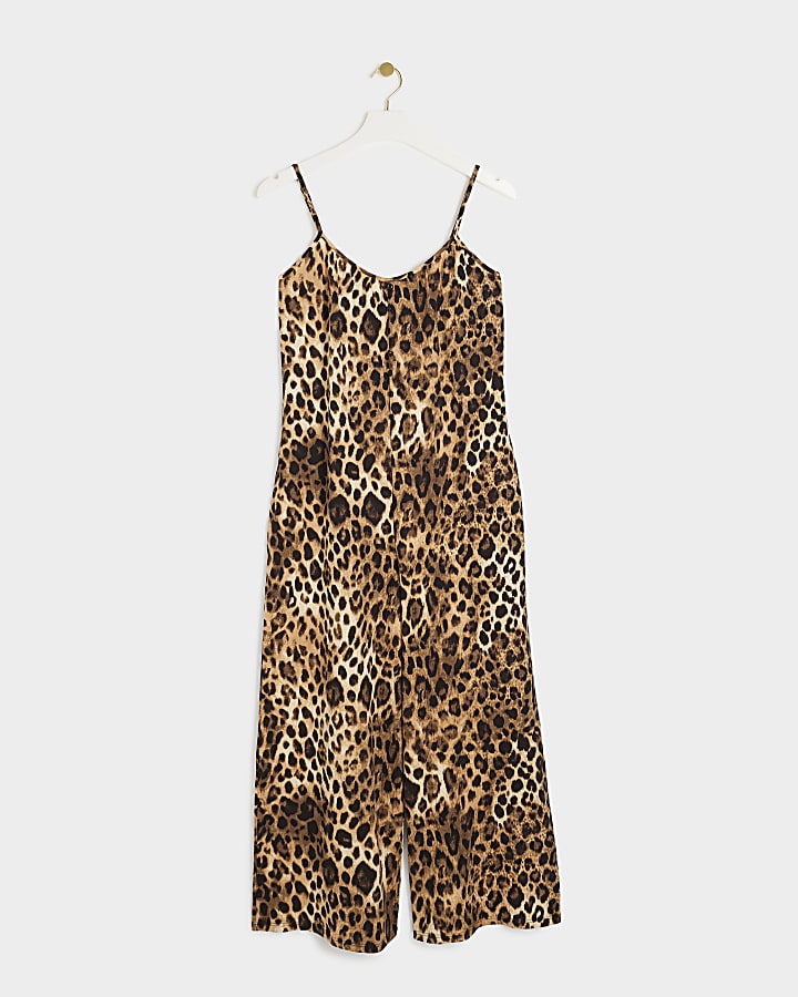 Brown leopard print sleeveless jumpsuit