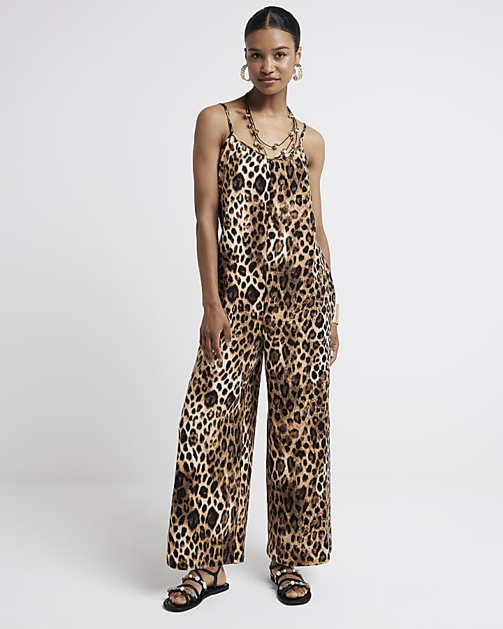 Brown leopard print sleeveless jumpsuit