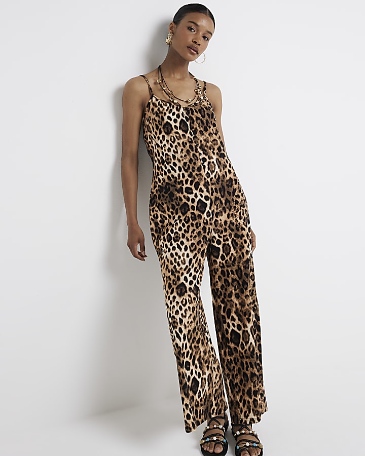 Brown leopard print sleeveless jumpsuit River Island