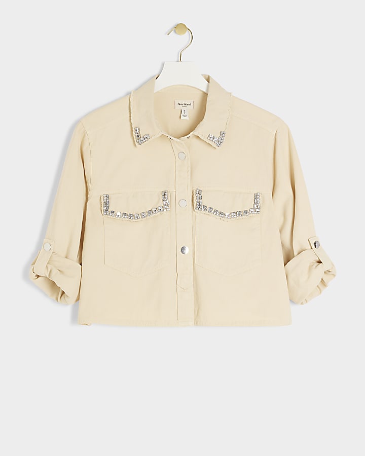 Cream denim embellished crop shacket