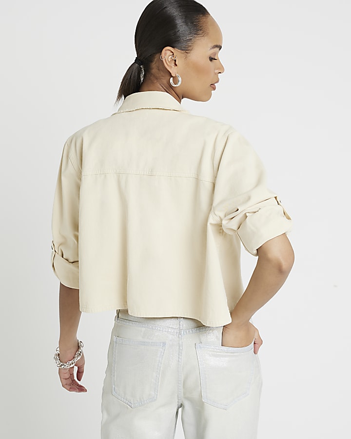 Cream denim embellished crop shacket