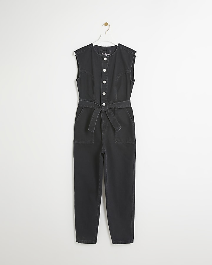 Black denim belted button up jumpsuit