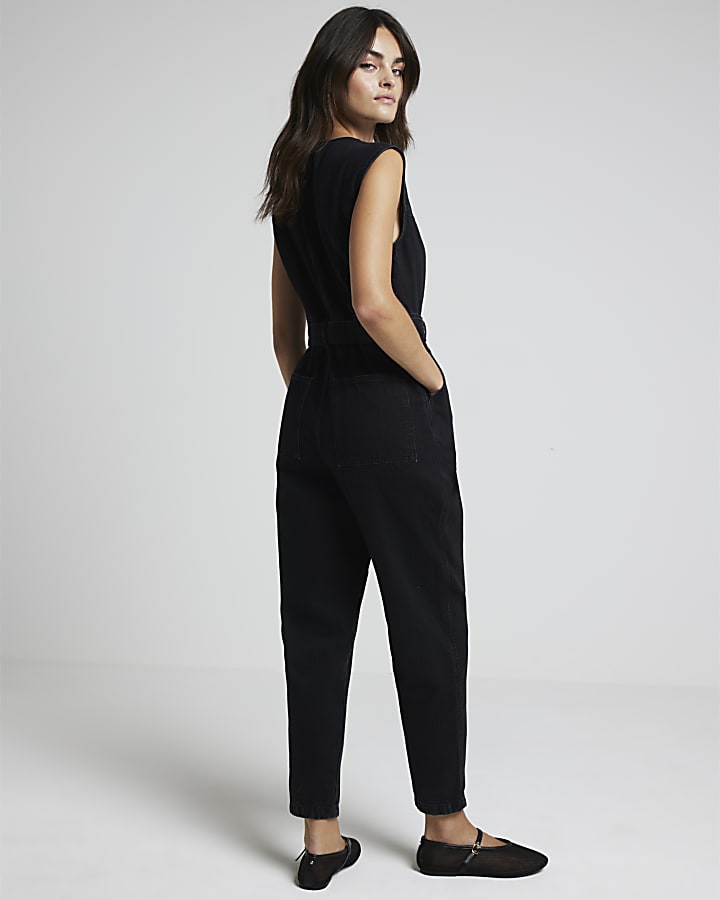 Black denim belted button up jumpsuit