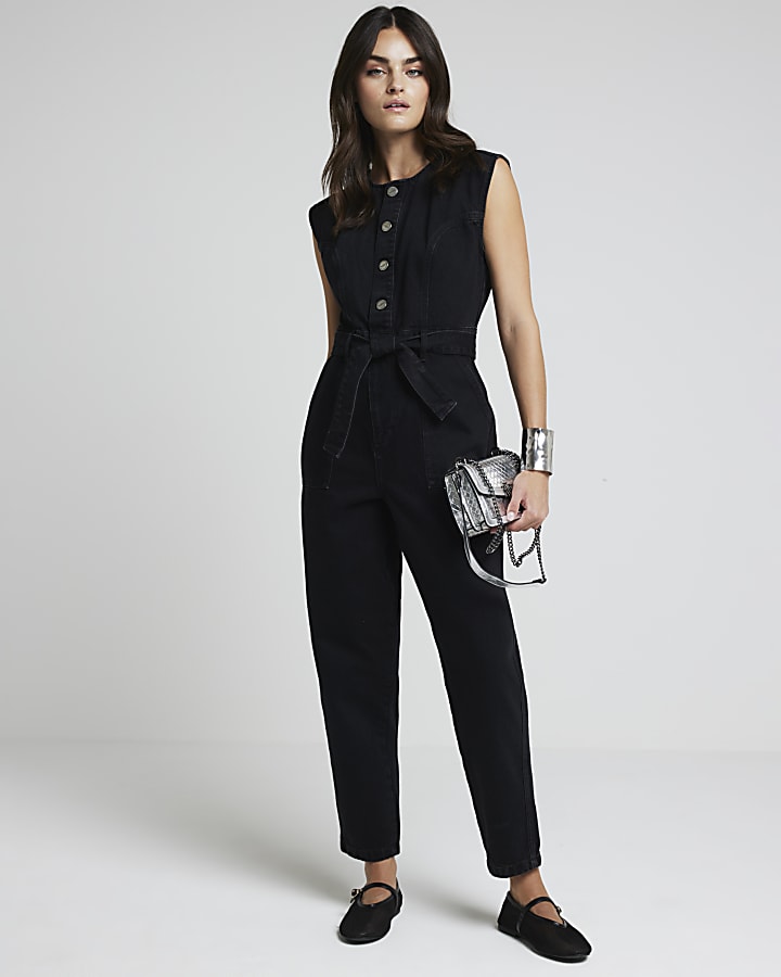 Black jean jumpsuit best sale