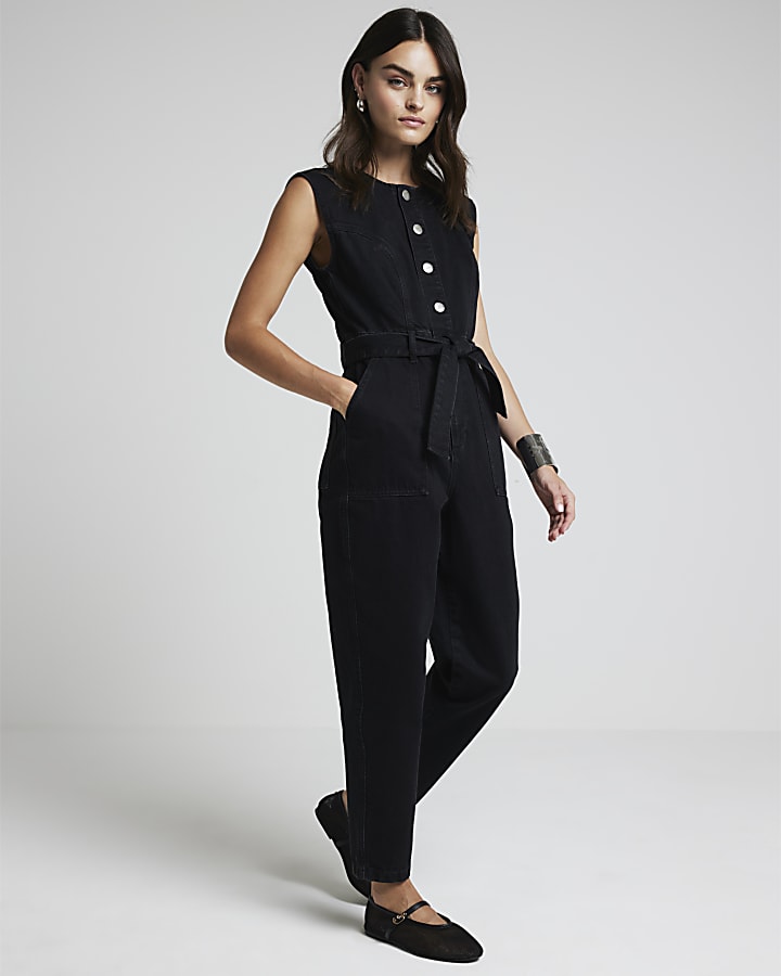 Black denim belted button up jumpsuit