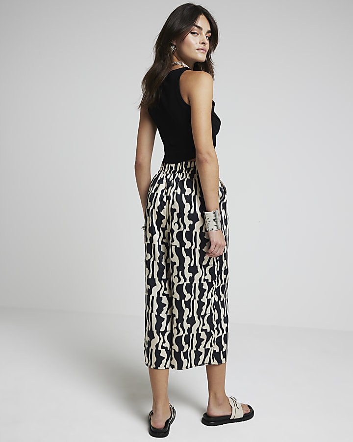 Black abstract tie waist cropped trousers