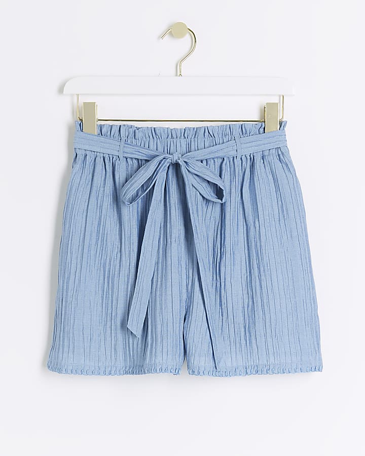 Blue textured tie waist shorts