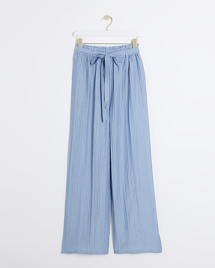 Blue textured wide leg trousers