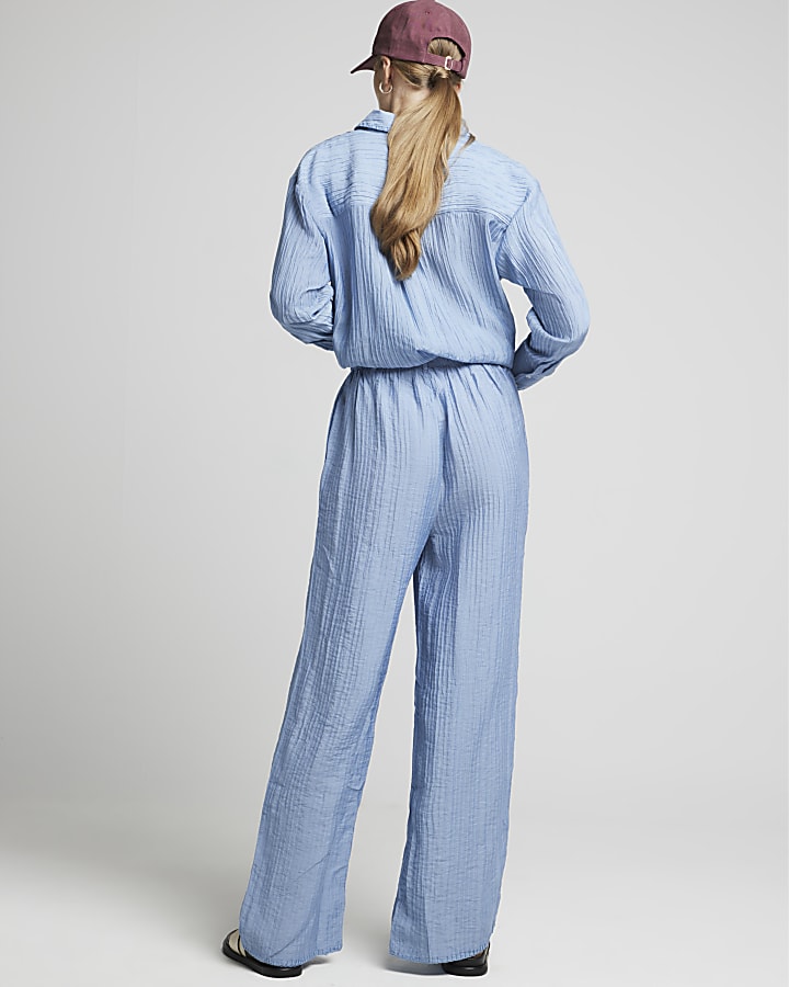 Blue textured wide leg trousers