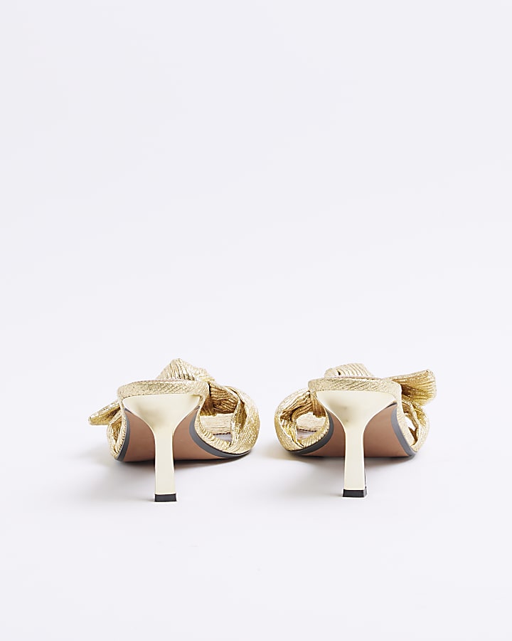 Gold ruched bow heeled mule sandals