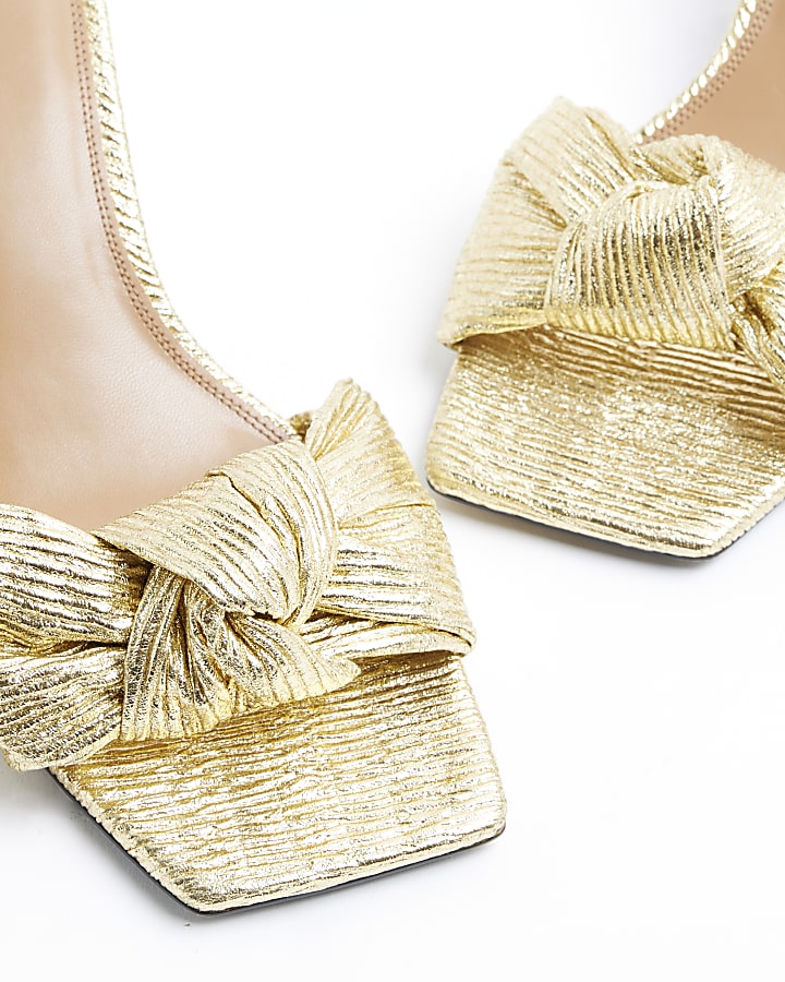 Gold ruched bow heeled mule sandals