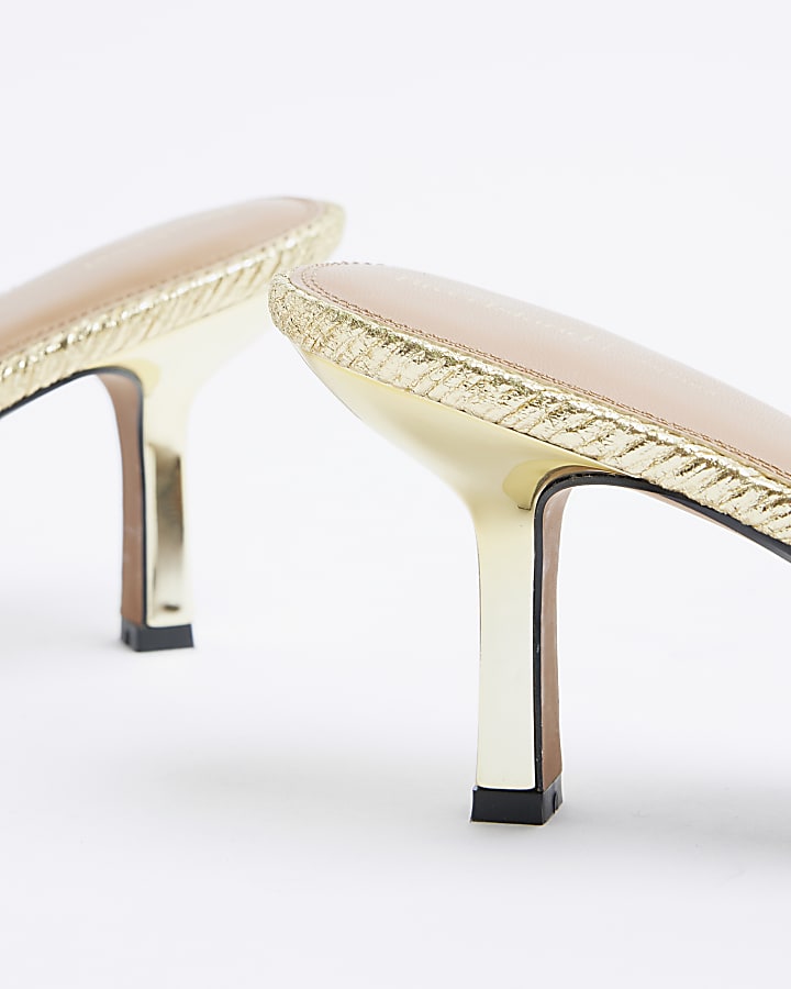 Gold ruched bow heeled mule sandals