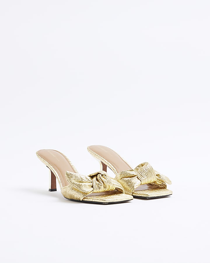 Gold ruched bow heeled mule sandals
