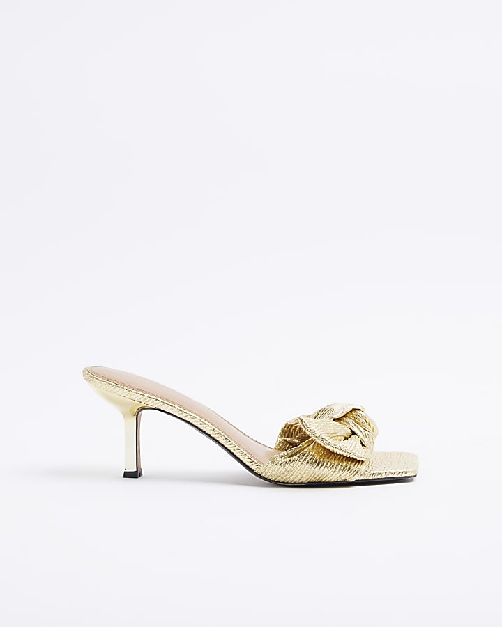 Gold ruched bow heeled mule sandals