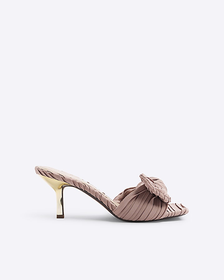 Pink ruched bow mule heeled sandals