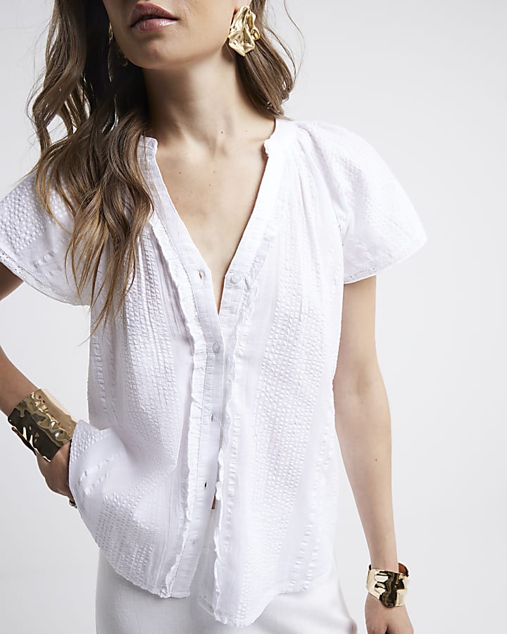 White frill V-neck blouse