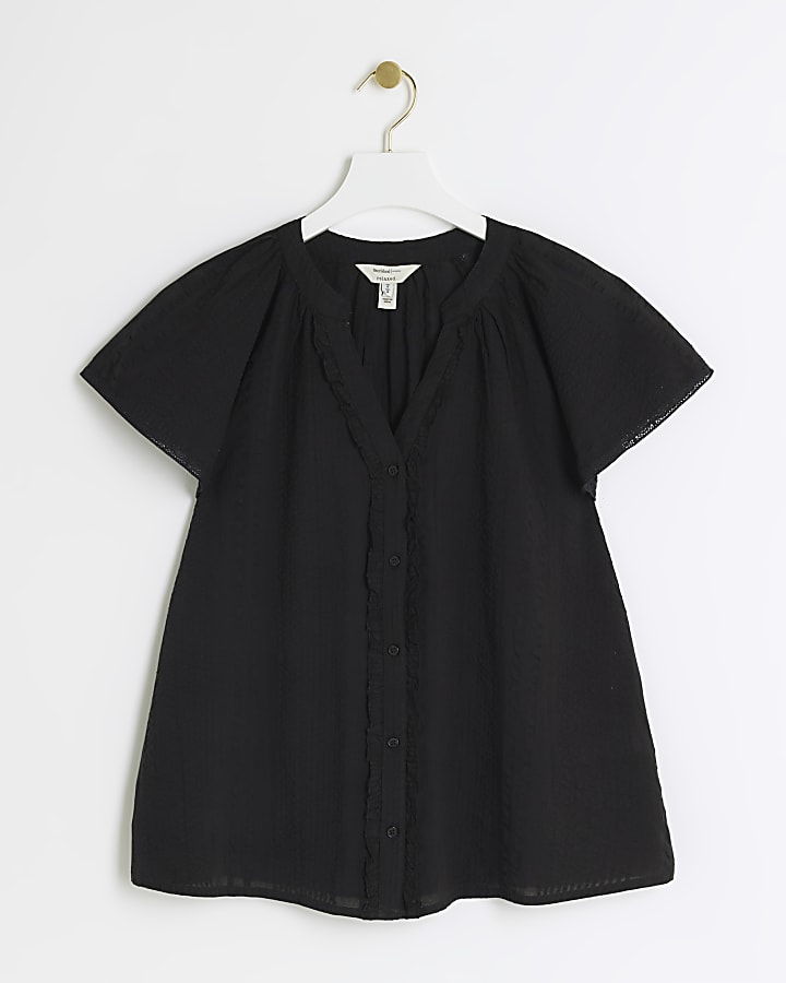 Black frill V-neck blouse