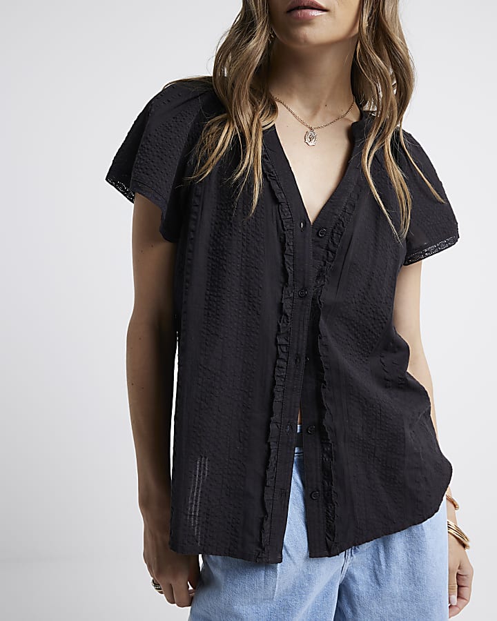 Black frill V-neck blouse