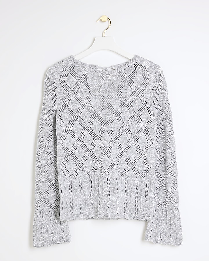 Silver crochet tie back long sleeve top