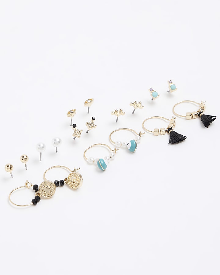 Gold colour stone hoop earrings multipack