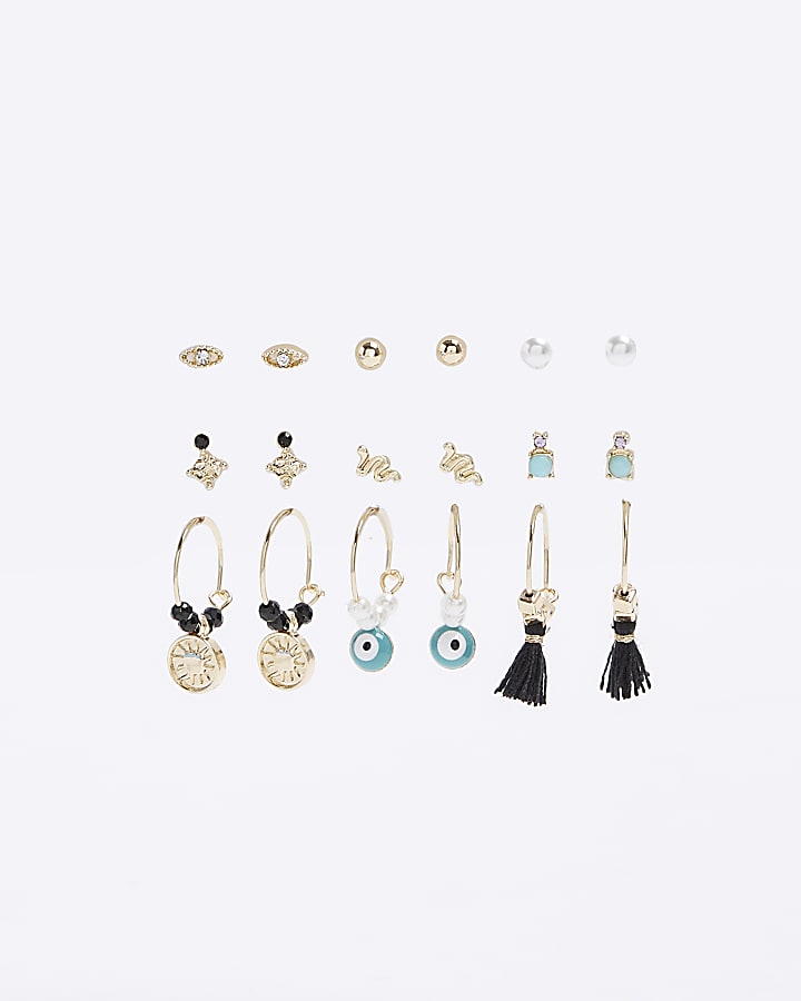 Gold colour stone hoop earrings multipack