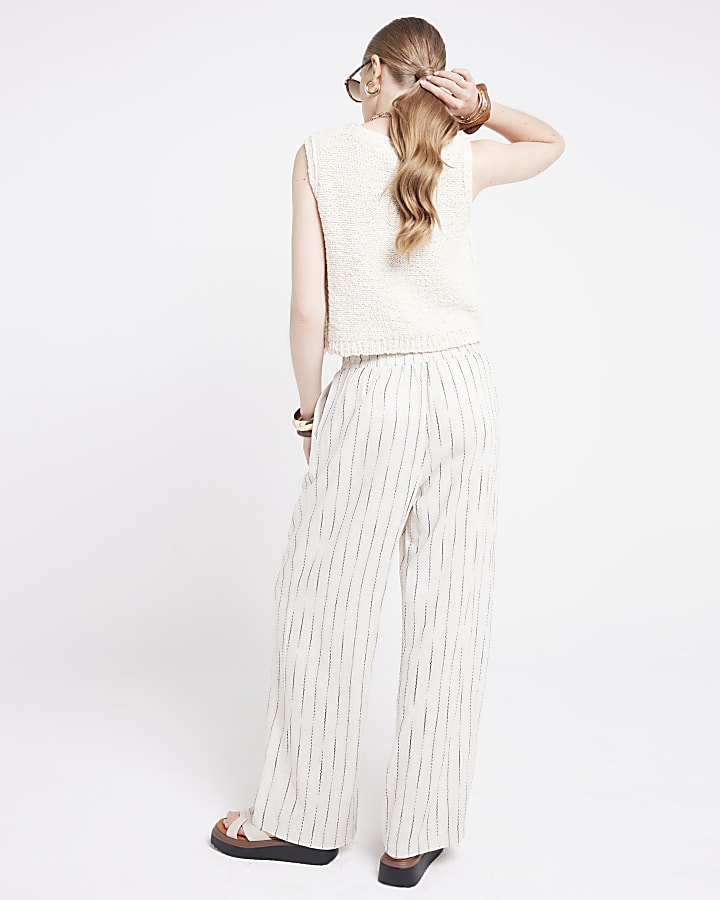 Beige linen blend stripe wide leg trousers