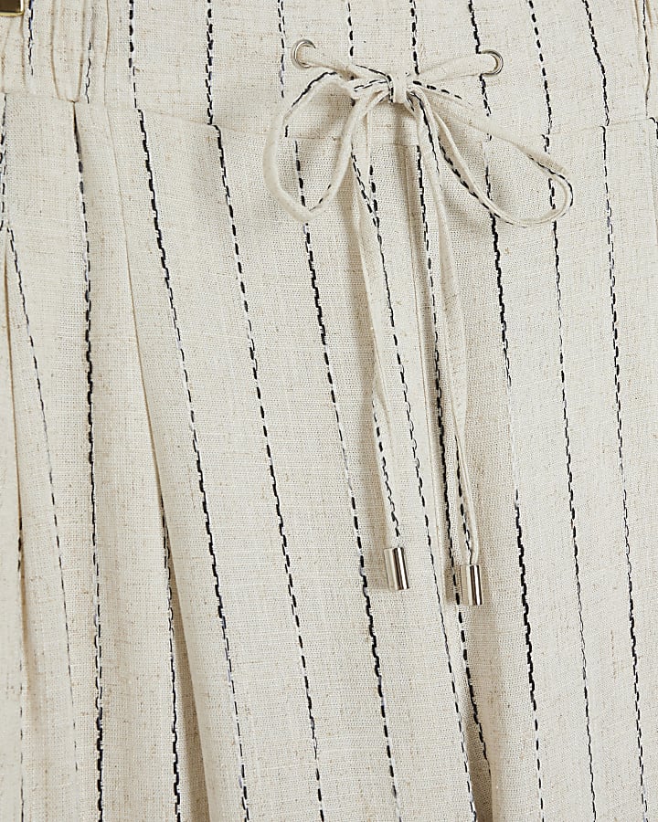 Beige linen blend stripe wide leg trousers