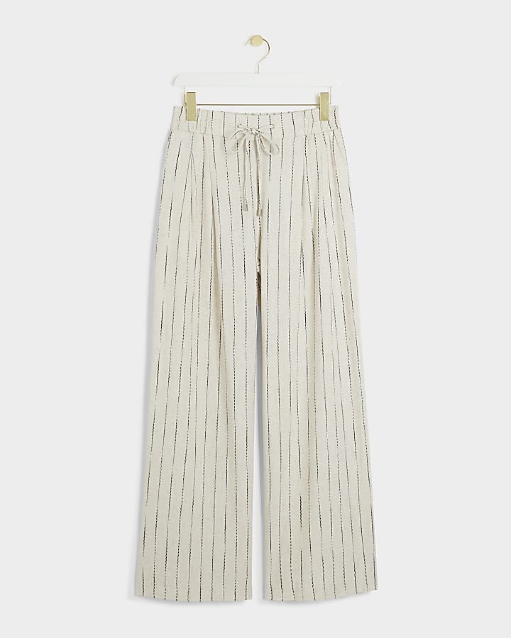 Beige linen blend stripe wide leg trousers