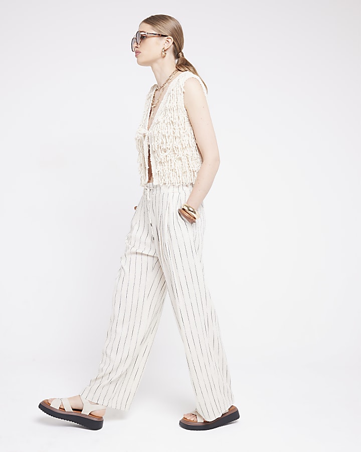 Beige linen blend stripe wide leg trousers