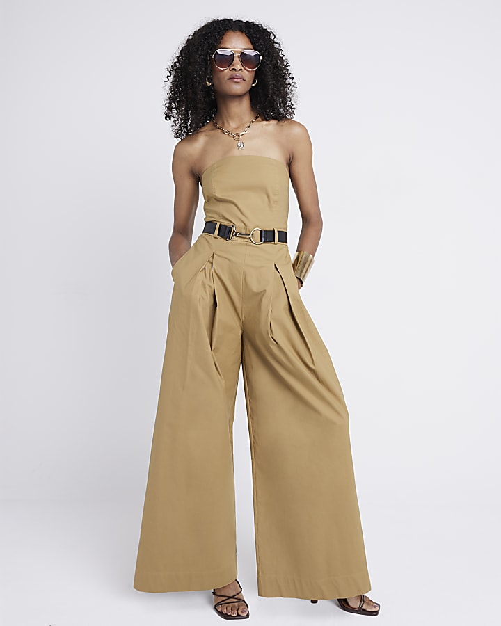 Beige belted bandeau jumpsuit