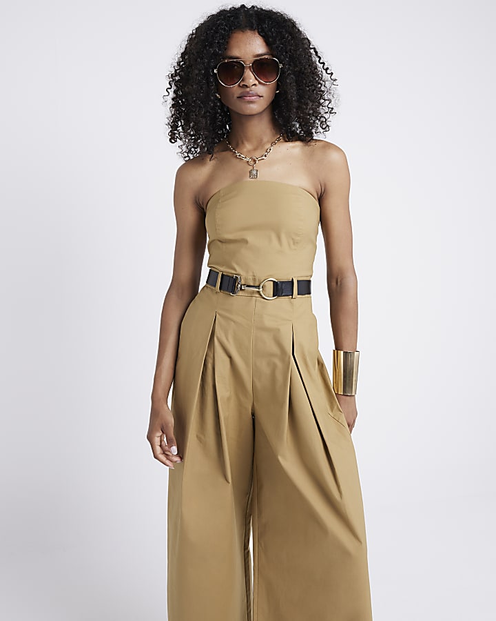 Beige belted bandeau jumpsuit