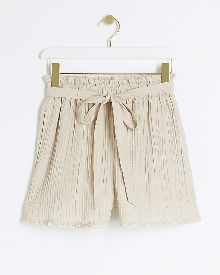 Beige textured tie waist shorts