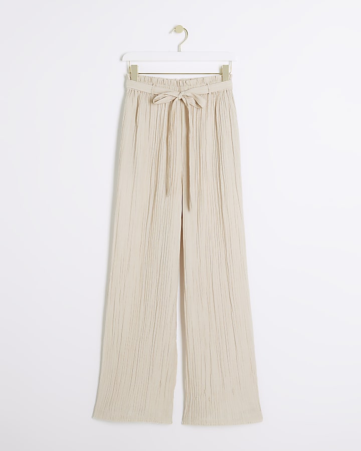 Beige textured wide leg trousers