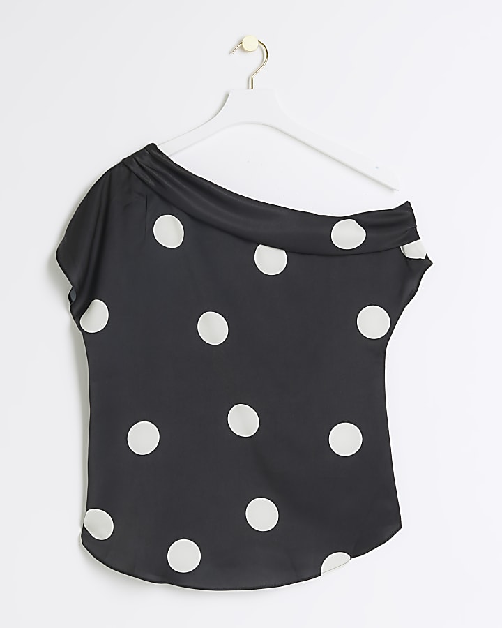 Black Spot print one Shoulder Top