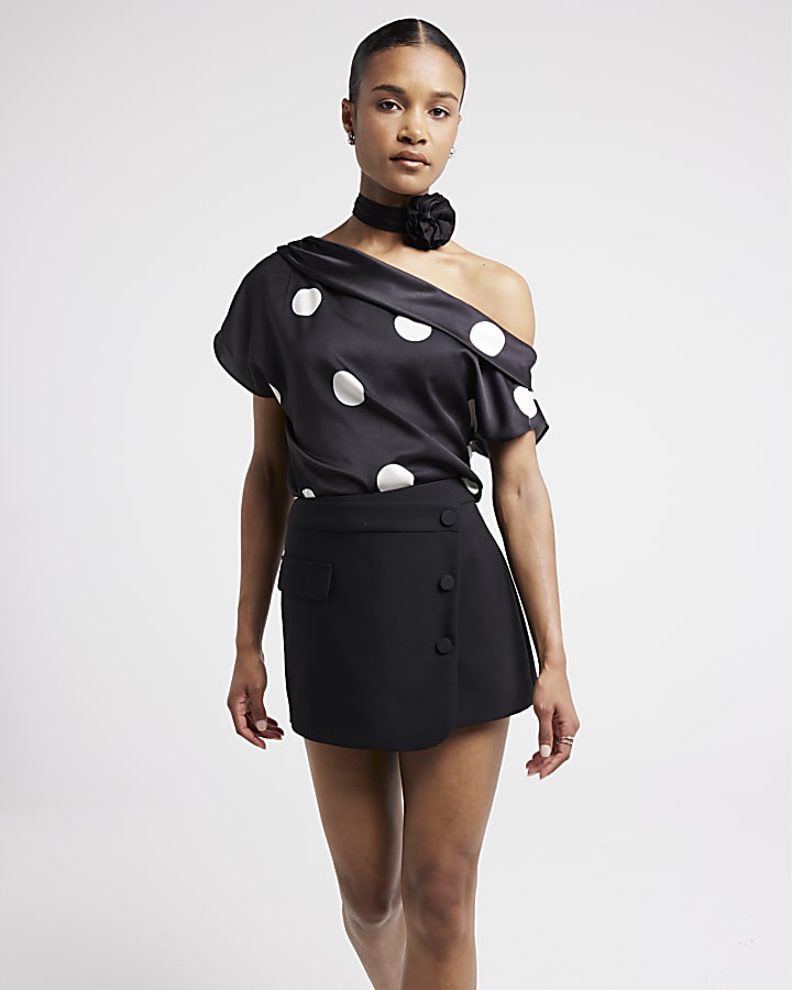 Black Spot print one Shoulder Top