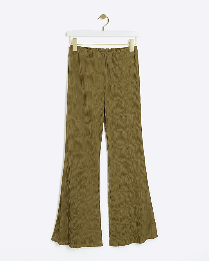 Khaki Wave Plisse Wide Leg Trousers