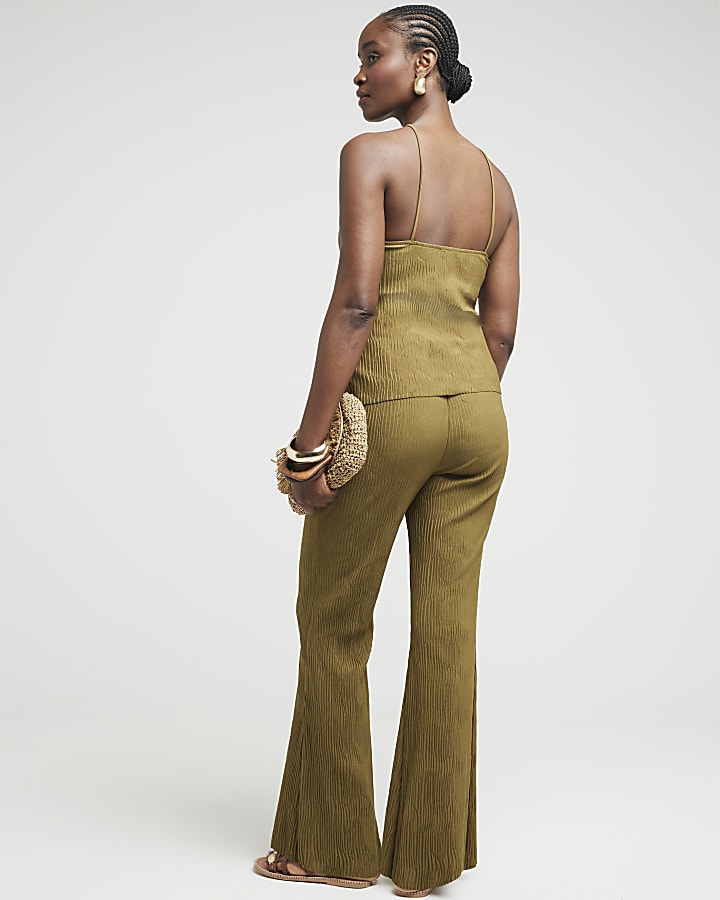 Khaki Wave Plisse Wide Leg Trousers