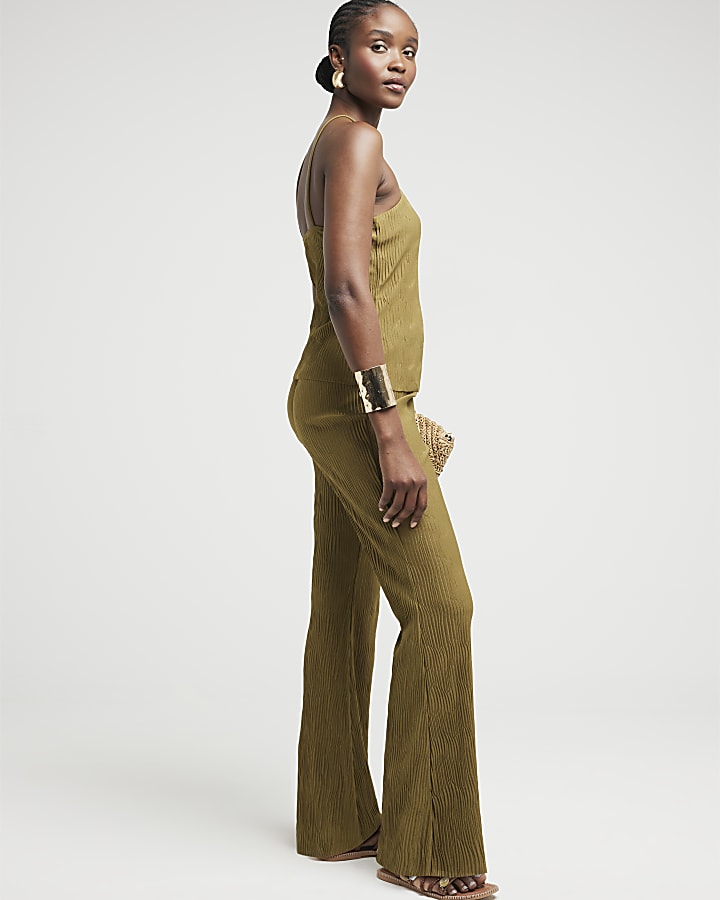 Khaki Wave Plisse Wide Leg Trousers