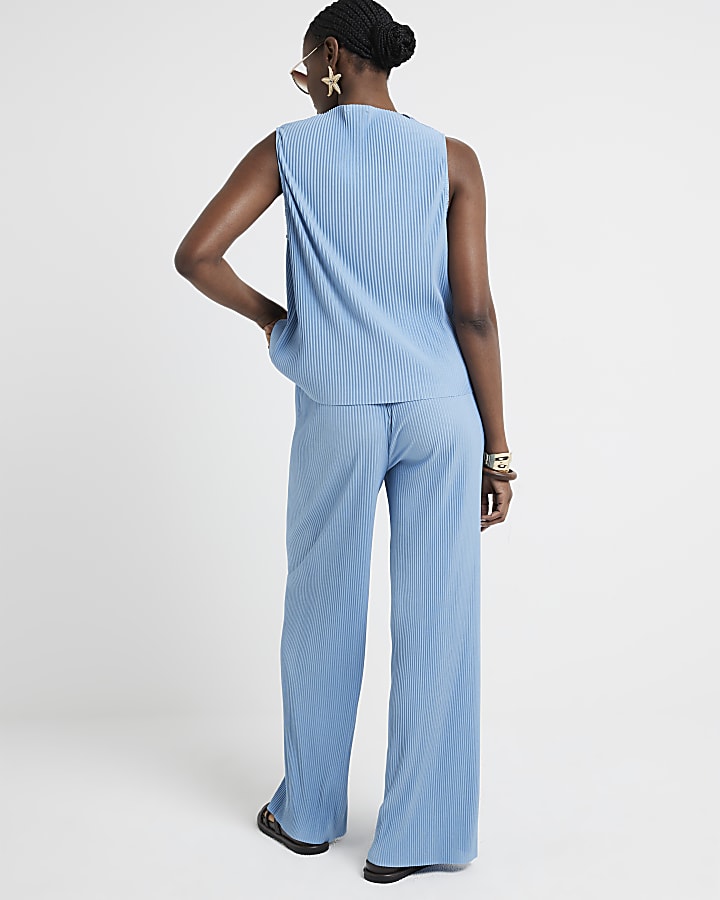 Blue Plisse Wide Leg Trousers