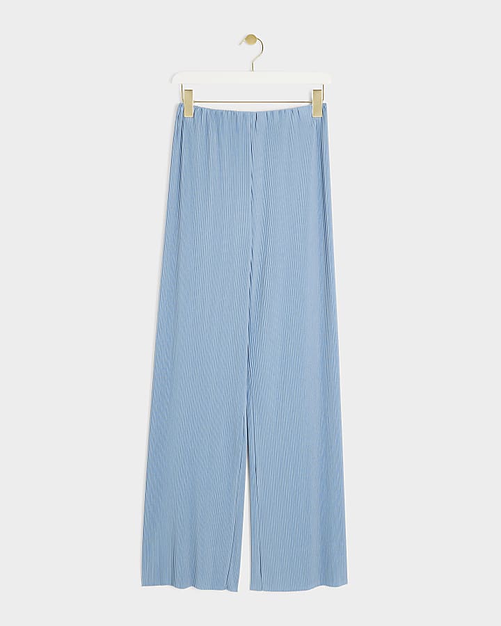 Blue Plisse Wide Leg Trousers