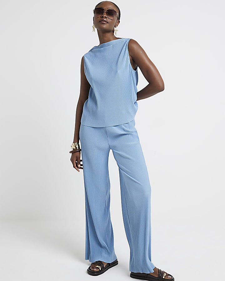 Blue Plisse Wide Leg Trousers