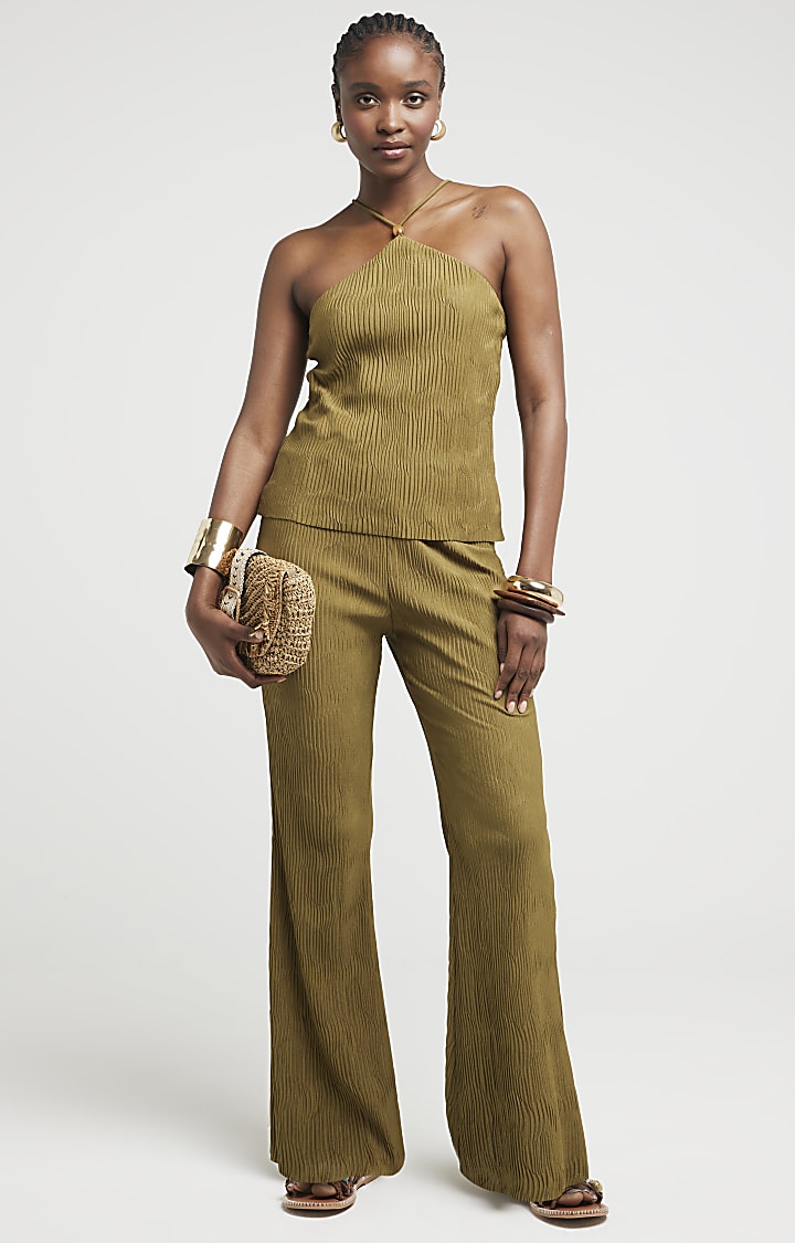 Khaki Wave Plisse Beaded Halter Neck Top