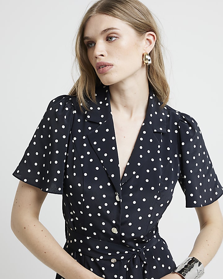 Black spot belted midi shirt dress