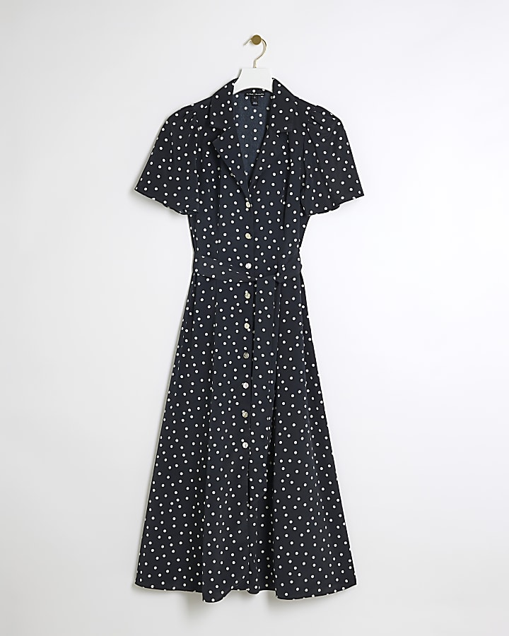 Black spot belted midi shirt dress