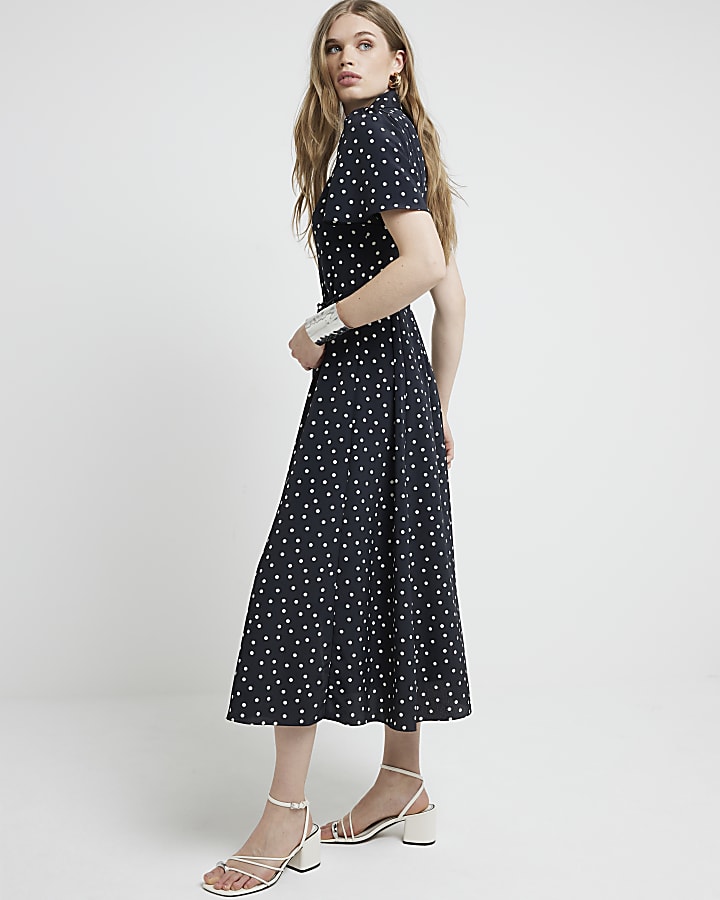 Black spot belted midi shirt dress