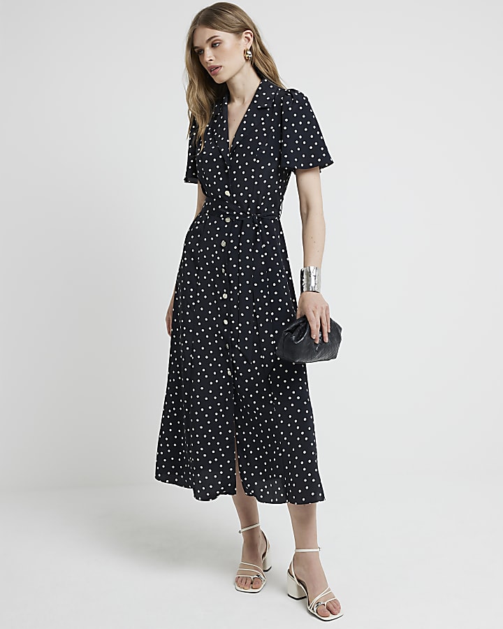 Black spot belted midi shirt dress River Island