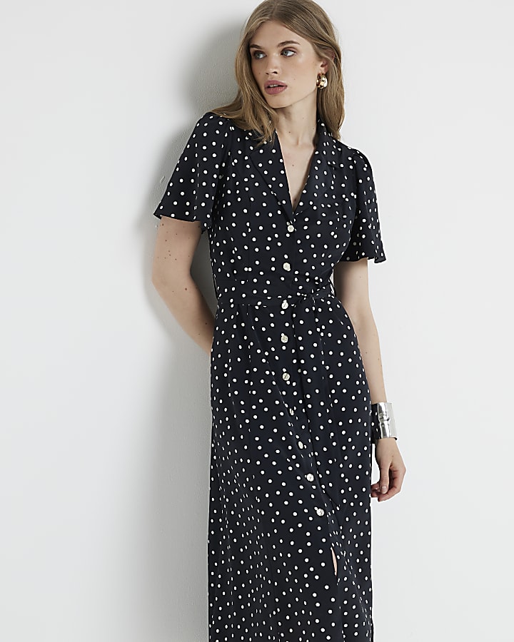 Black spot belted midi shirt dress