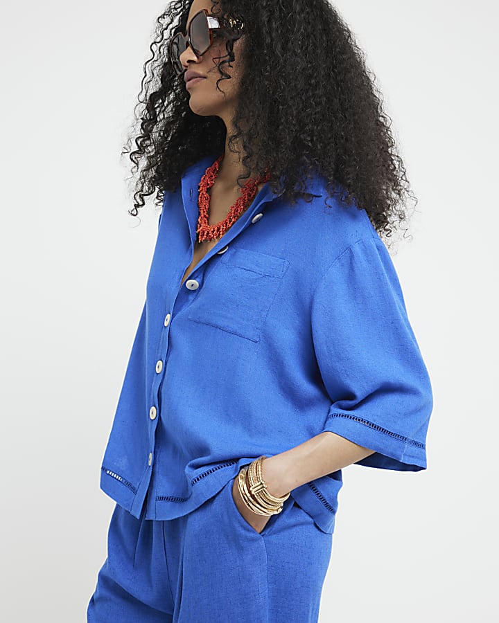 Blue Crochet Trim Wide Leg Trousers